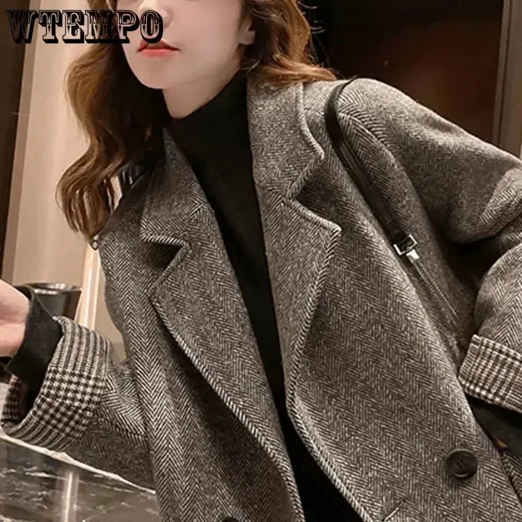 WTEMPO Womens Wool Jacket British Style Loose Notched Collar Coat Autumn Casual Double Button Coarse Floral Navy Blue Top 240828