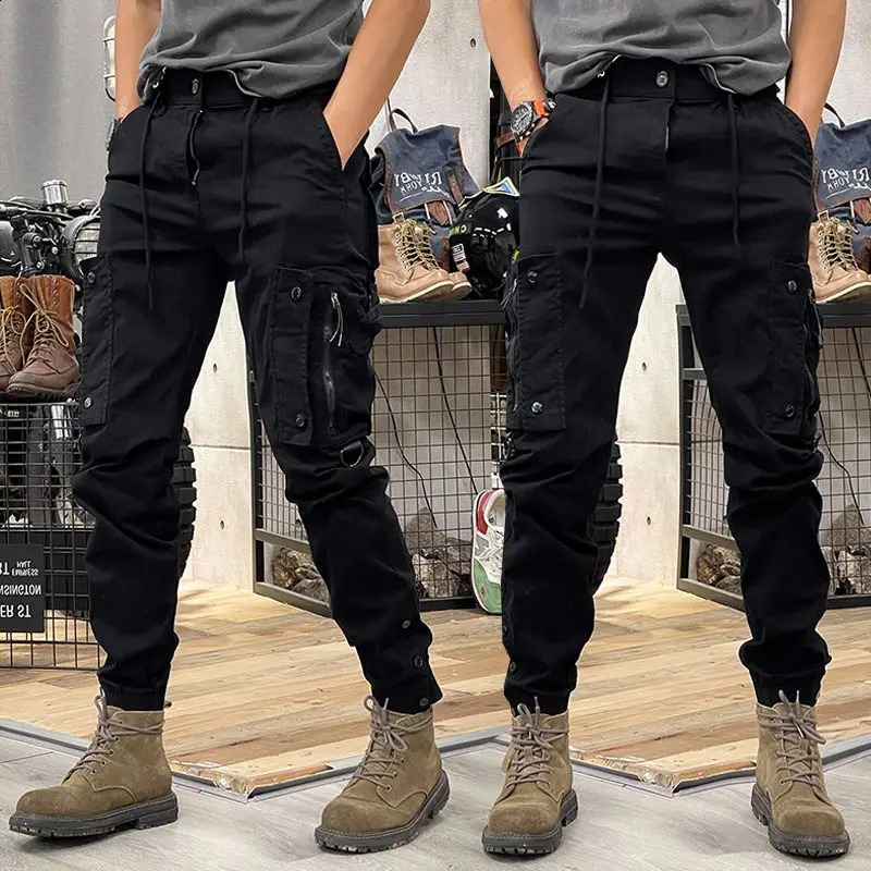 Military tactical cotton cargo pants mens elastic casual Trouser zipper multi pocket runner fashionable khaki black military green 240827