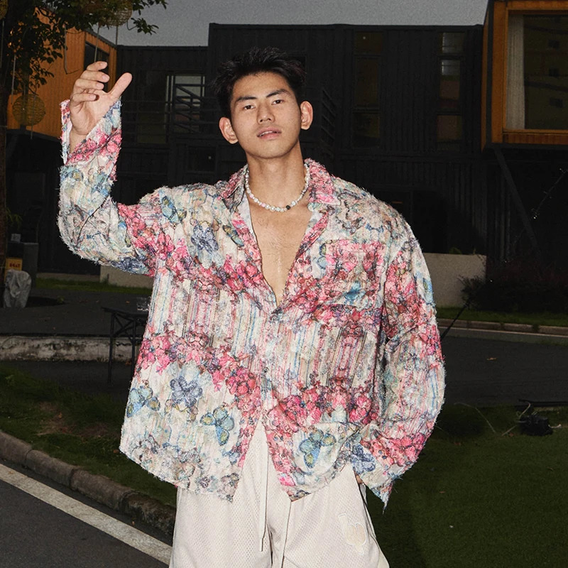 FEWQ Summer Casual Men Shirt Niche Printed Contrast Color Long Sleeve 2204 Korea Fashion Male Tops Loose 24E1923