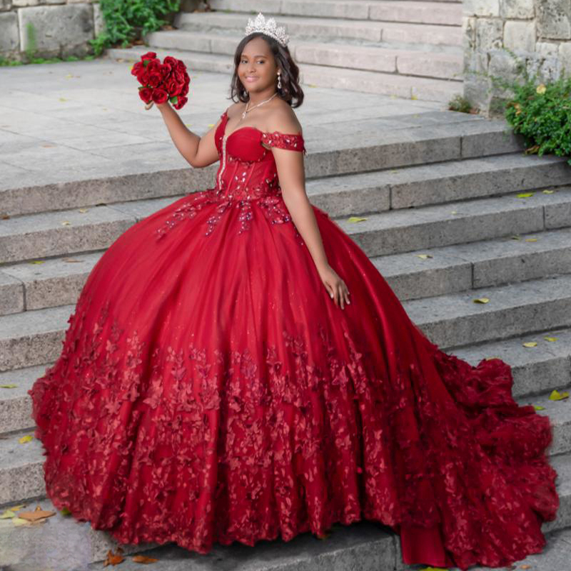 Red Shiny Quinceanera Dresses Ball Gown With Cape Beading Crystals Bow Tull Corset Sweet 16 Dress Vestido De 15 Anos