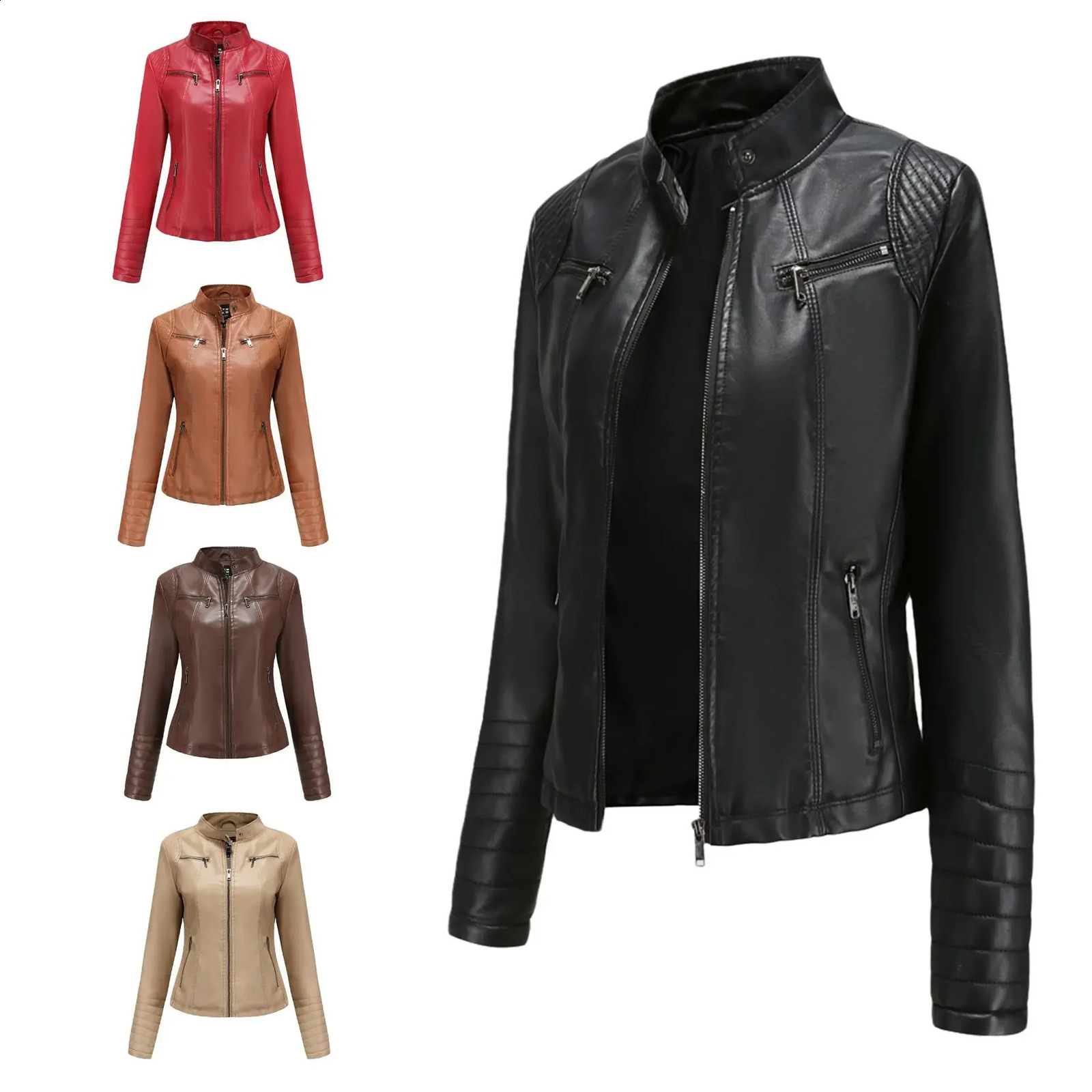 Artificial leather womens coat Pu Coats thin jacket full sleeve stand collar slim fit solid sexy regular jacket zipper casual splicing 240827