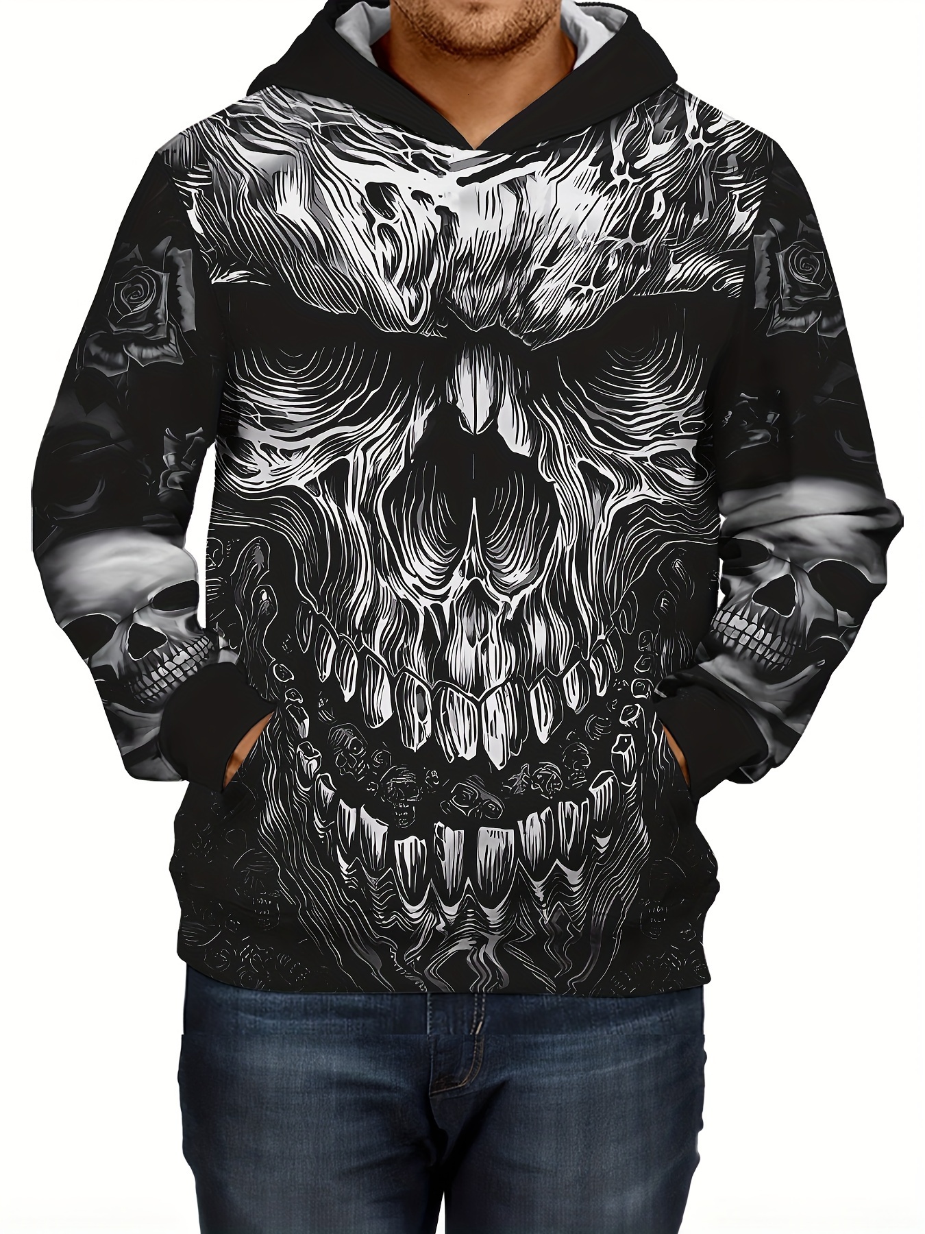 Halloween Plus Size 3D Skull Graphic Hoodie - Stylish Mens Casual Long Sleeve Sweatshirt with Relaxed Fit, Ultra-Comfy Design, Hooded Pullover, and Co