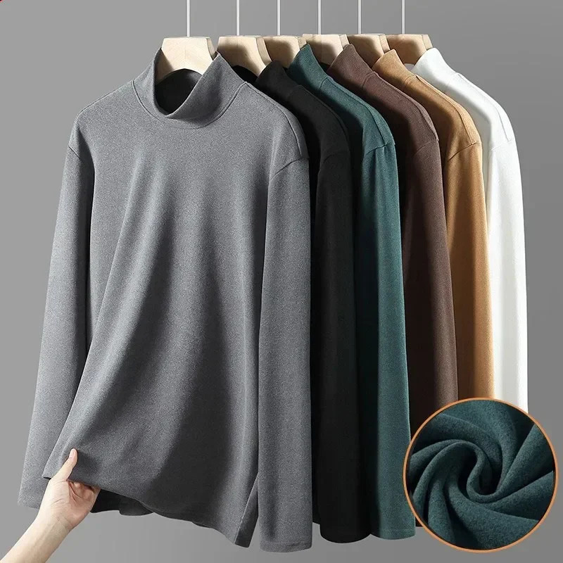 Mens Tshirt long sleeved autumn and winter warm solid color bottom shirt half neck mens casual top 240828