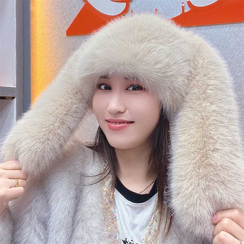 Autumn and Winter Women Stay Warm Artificial Fox Fur Long Eared Potted Hat Womens Fashion Leisure Party Music Festival Thick Fighting Hat W240827
