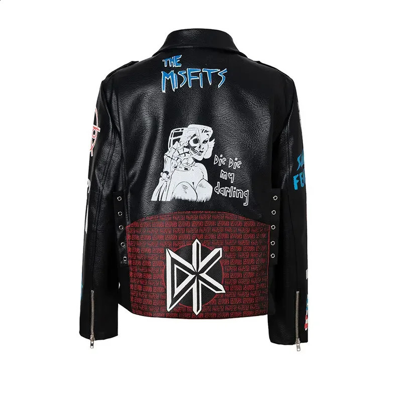 Contrast Graffiti Print womens and mens leather jackets streetwear punk style black faux leather motorcycle jacket 240827