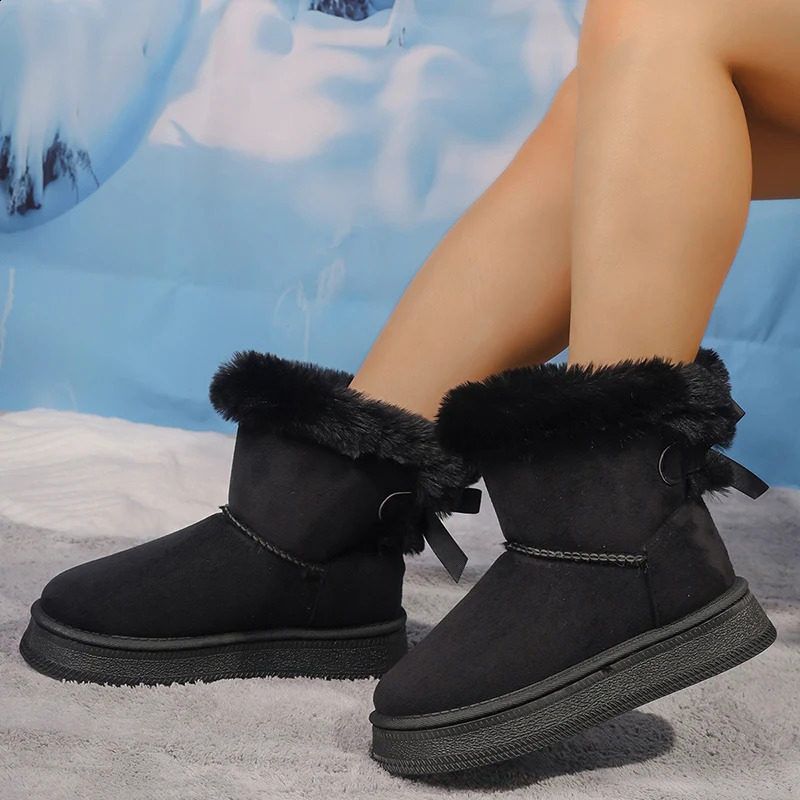 Winter Faux Suede Women Fluffy Snow Warm Plush Platform Ankle Booties Woman Bow Slip On Cotton Boots 36-42 240826