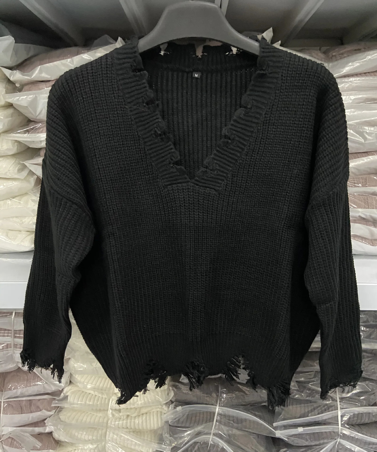 Distressed Women Sweater Autumn Winter Baggy Pullovers Off Shoulder Cropped Sweatshirt Bottom Tassel Fashion Plain Color Sweater 240828