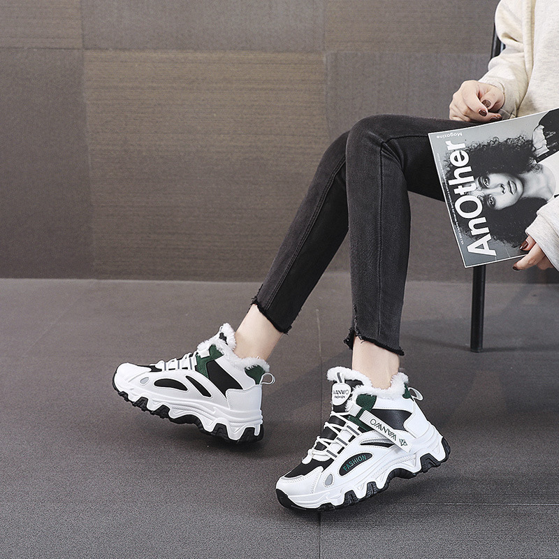 Ddmysports Little White Women S New Black Versatile Leather Panel Autumn And Winter Velvet Flat Igh Top Sports Shoes OUTDOOR