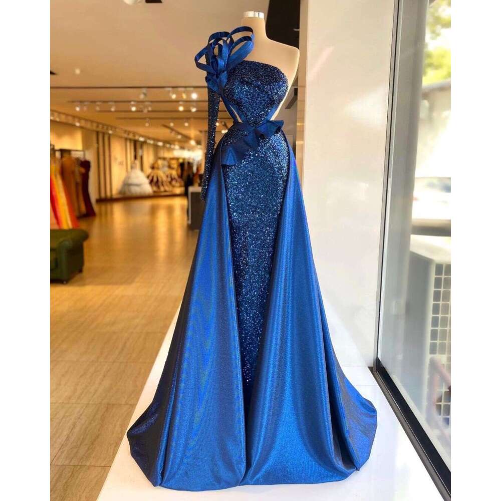 Glitter Sequins Blue Elegant One Shoulder Dresses Long Sleeve Handmade Wer Women Party Gowns Plus Size Custom