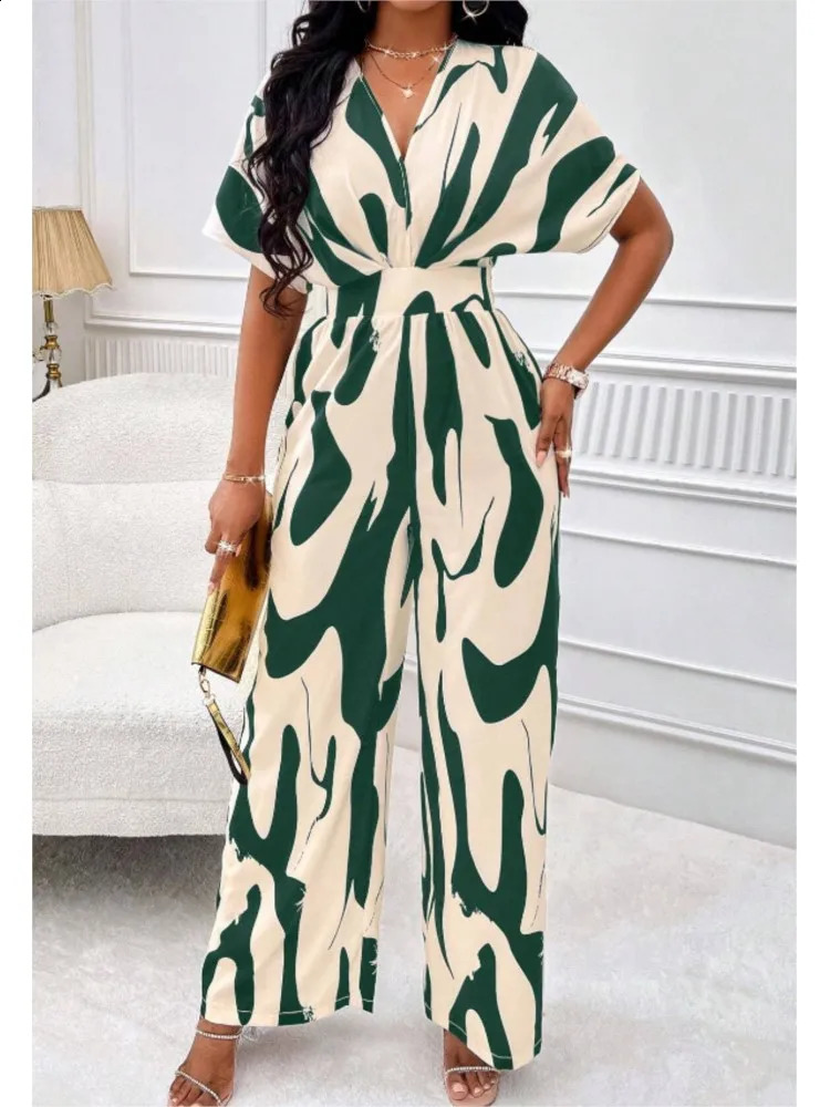 Summer one-piece striped printed short sleeved V-neck womens jumpsuit elegant high waisted wide pants jumpsuit vacation jumpsuit 240827