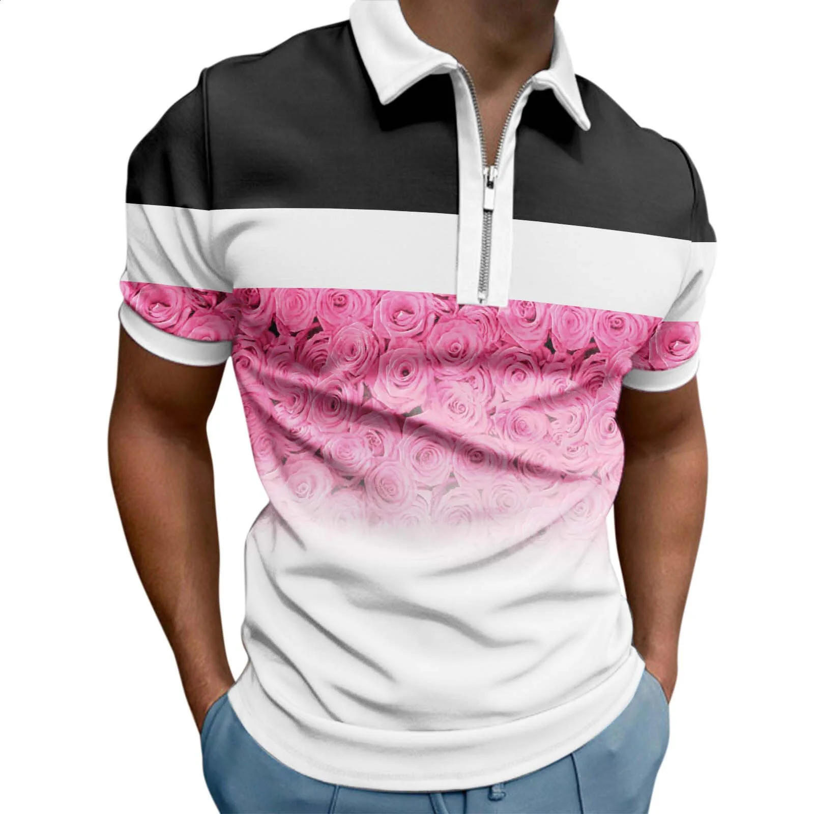 3D Gradient Printed Mens Zipper Neck Polo Shirt European and American Trend Short Sleeve Tshirt 240828