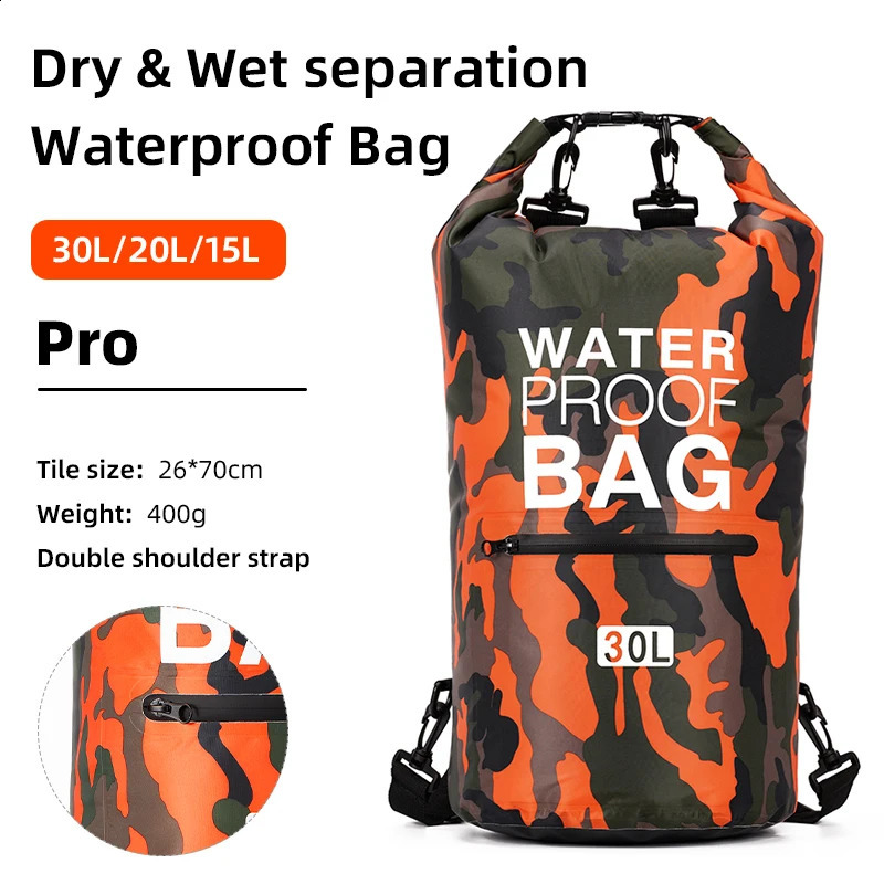 30L 15L Waterproof Dry Bags With Wet Separation Pocket Backpack For Kayaking Boating Swimming Outdoor Sports Bag XAZ9 240828