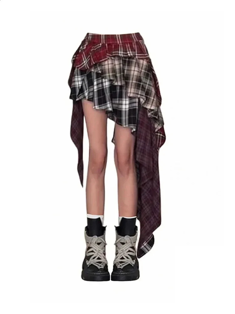 Vintage Fashion Grunge Plaid A-line Skiing Summer Womens High Street Sexy Ultra Thin Mini Skiing Asymmetric Y2k Street Clothing 240828