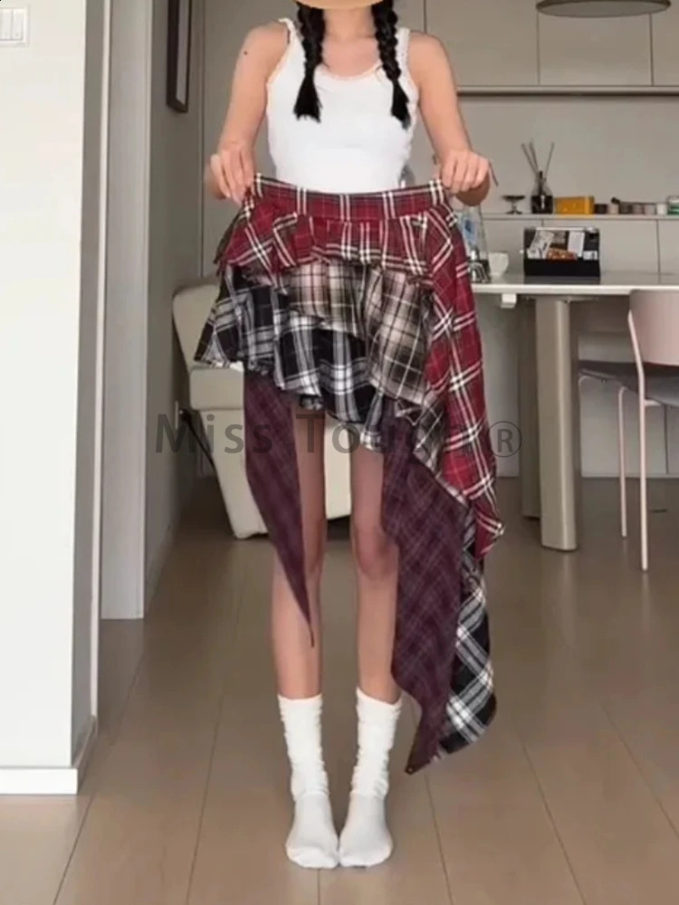 Vintage Fashion Grunge Plaid A-line Skiing Summer Womens High Street Sexy Ultra Thin Mini Skiing Asymmetric Y2k Street Clothing 240828