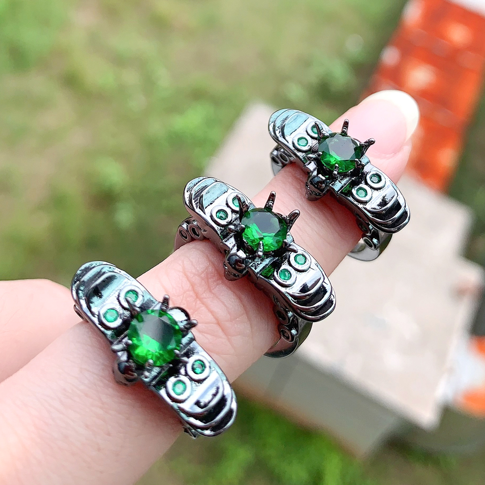 Halloween Iced-Out Skull Cz Ring: Unisex Green Cubic Zirconia Black Ring