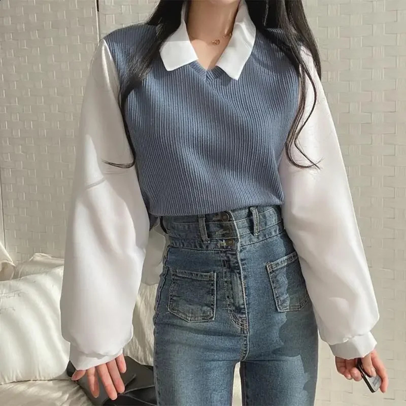 Y2k polo collar fake two-piece shirt womens spring casual Korean shirt retro loose floral top long sleeved elegant shirt 240827