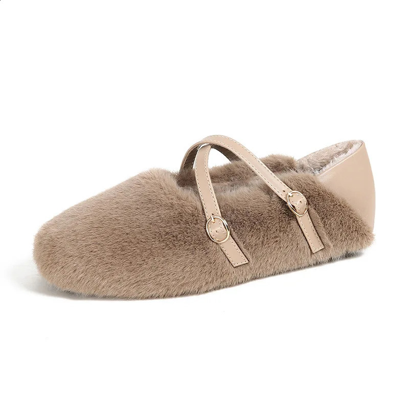 Cross Belt Mink Ballet Dancer Womens Wool Flat Shoes Womens Warm Plush Fur Mocassines Sliding on Cotton Cushion Women 240827