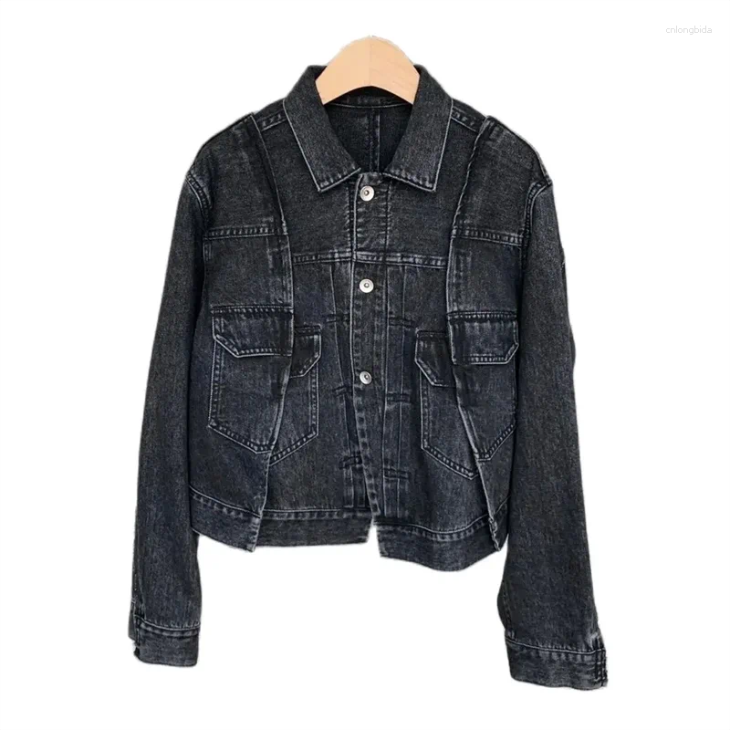 Womens Jackets 2024 High Quality Women Cotton Denim Patchwork Jacket Polo Collar Street Chic Stunning Fashion Design Trendy SC