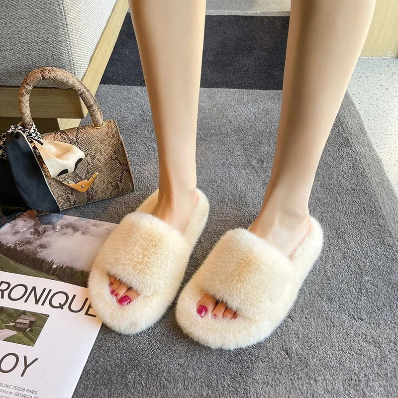 Fluffy winter warm home fur slippers womens plush shoes indoor furry flip cover women filled wool living bedroom 240827