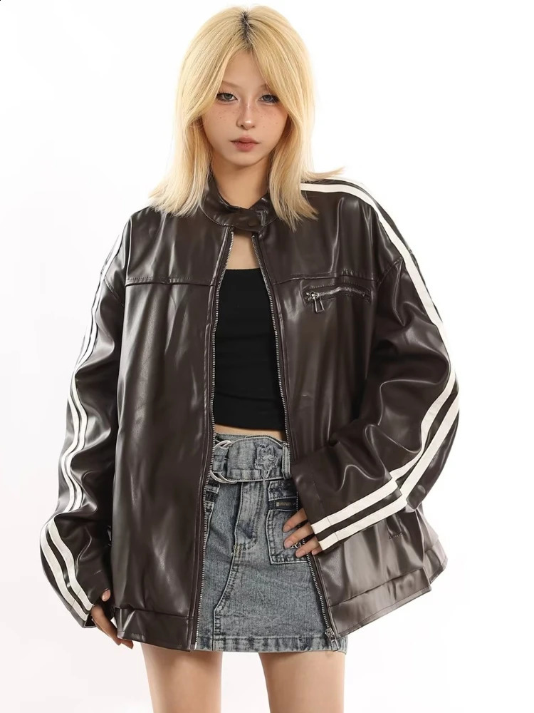 Womens Jacket Autumn American Retro Hip Hop Motorcycle Style Pu Leather Long Sleeve Contrastive Color Street Neutral 240827