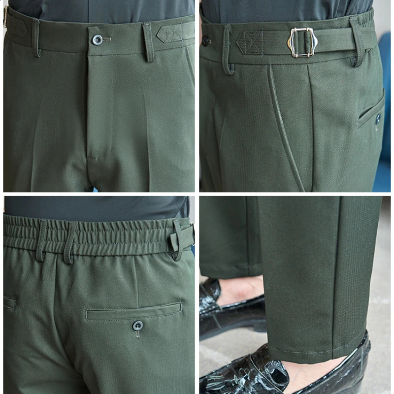 Summer thin Naples casual mens clothing high-end dark green suit pants drawstring cool non ironing fabric elastic waist 240828
