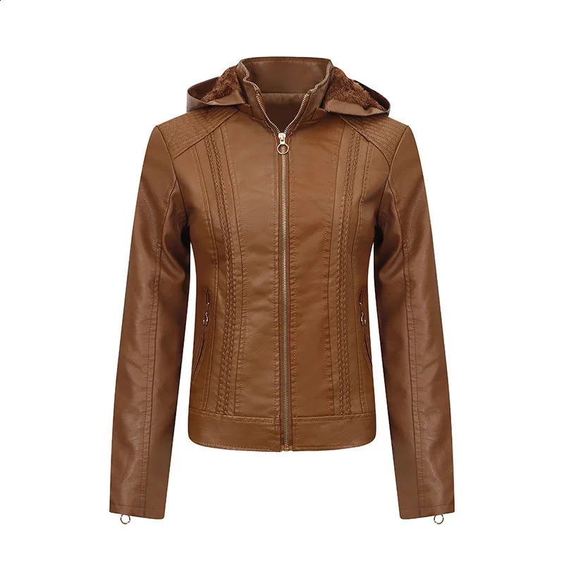 Maidangdi womens leather jacket with pleats slim hat suitable for large-sized fashionable leather jackets 240827