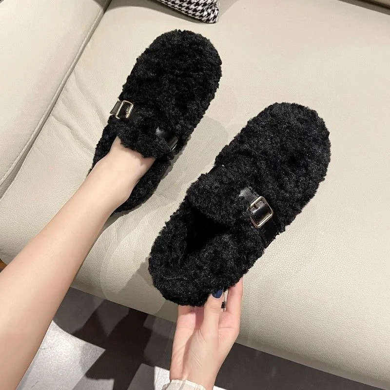 Womens artificial fur velvet shoes in autumn and winter anti slip casual bean shoes cotton low heel flat shoes for adults 240827