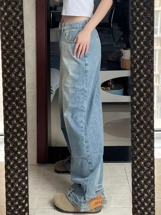 High Street Straight American Retro Washed Reverse Wear Design Jeans Mens and Womens Loose Casual Pants y2k 240827