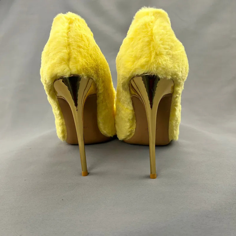 Yellow faux fur wedding shoes high heels pump womens pointed toes shallow party dress slim high heels plush high heels 12cm 240827