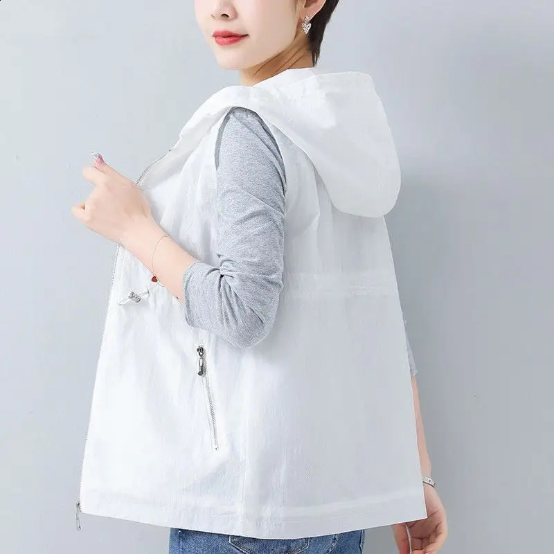 Spring/Summer Sleeveless Zipper Office Tank Top Solid Loose Pocket Casual Top T-shirt Retro Fashion Womens Wear 240828