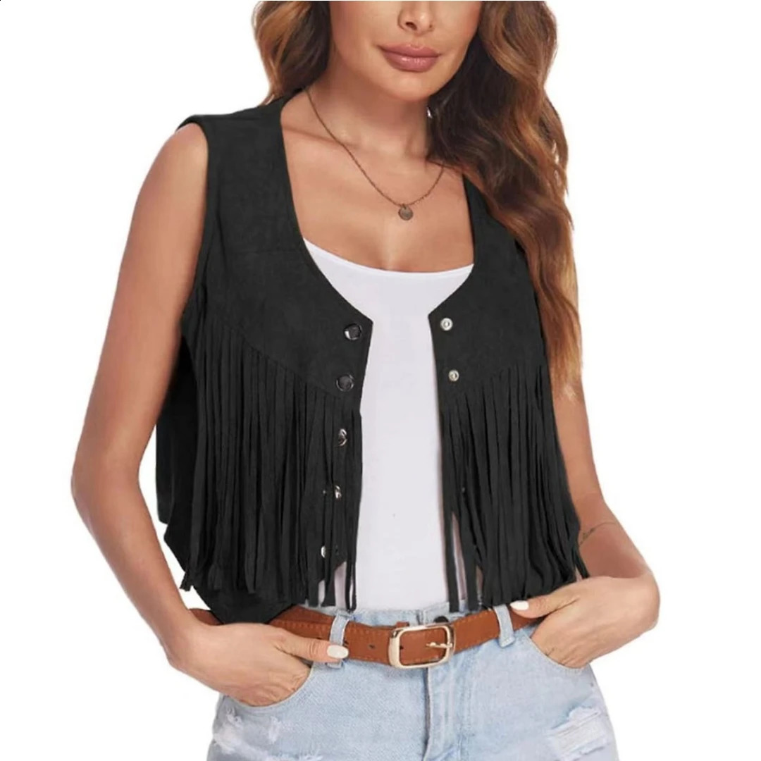 Womens artificial suede ethnic sleeveless jacket with rivet edge Tassel hippie open top 240828