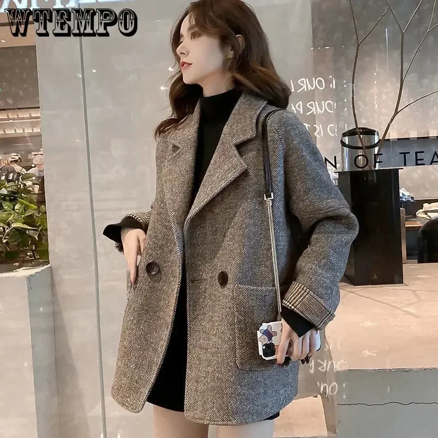 WTEMPO Womens Wool Jacket British Style Loose Notched Collar Coat Autumn Casual Double Button Coarse Floral Navy Blue Top 240828
