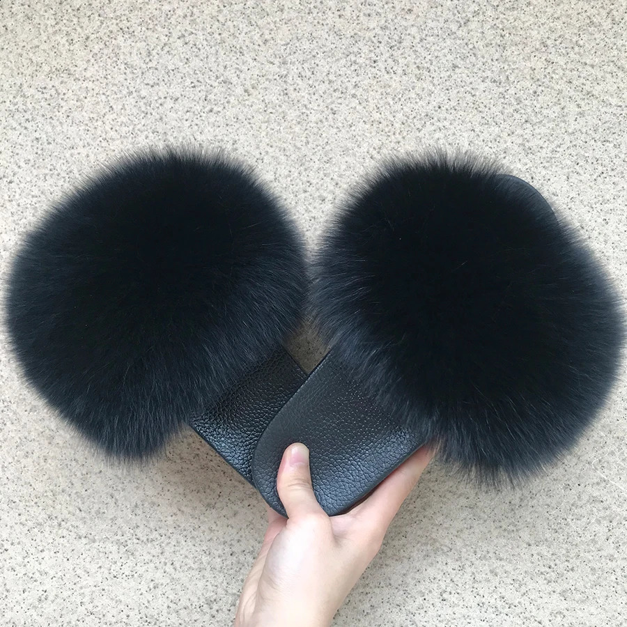 Q K Real Fox Fur Slider Womens Home Fluffy Slider Comfortable Fur Summer Apartment Sweet Womens Shoes Womens Fur Indoor Flip Cover 240827