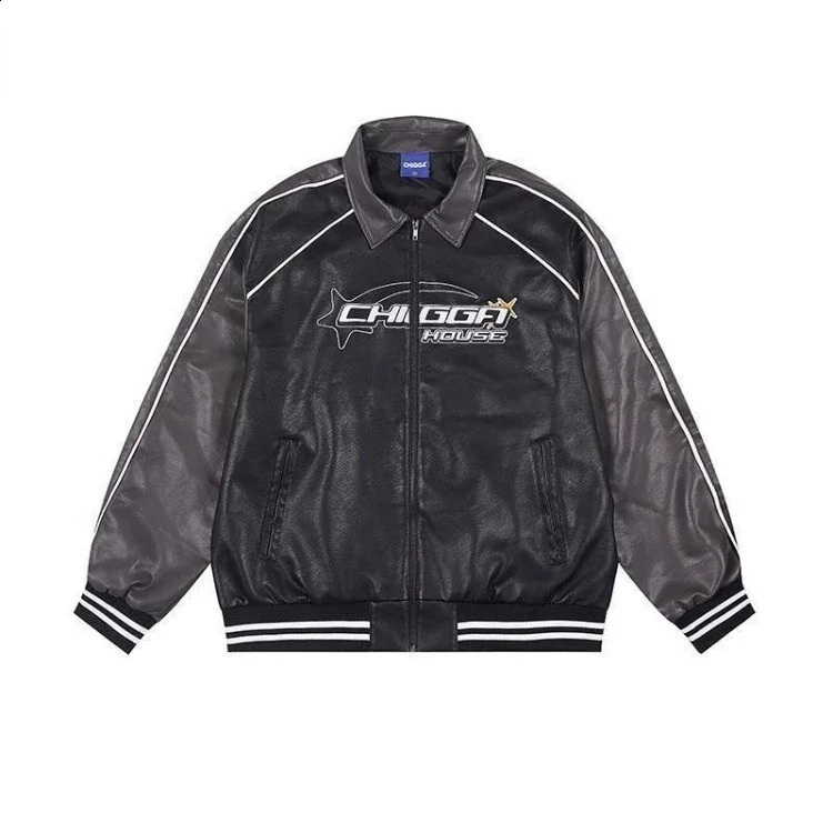 American retro college jacket womens streetwear Grunge zipper bomber Pu leather black couple embroidery jacket 240827