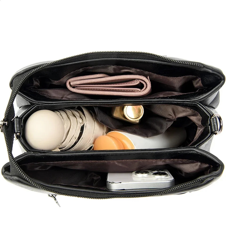 Womens black cross body with emed three main components leather shoulder bag 240828 93a9