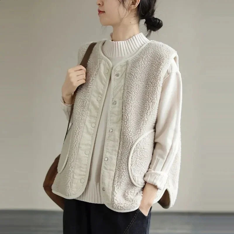 Casual Short Artificial Cashmere Vest Womens Autumn Teddy Waist Coat V-neck Thick Sleeveless Jacket Retro Crown Splicing Chaleco 240828