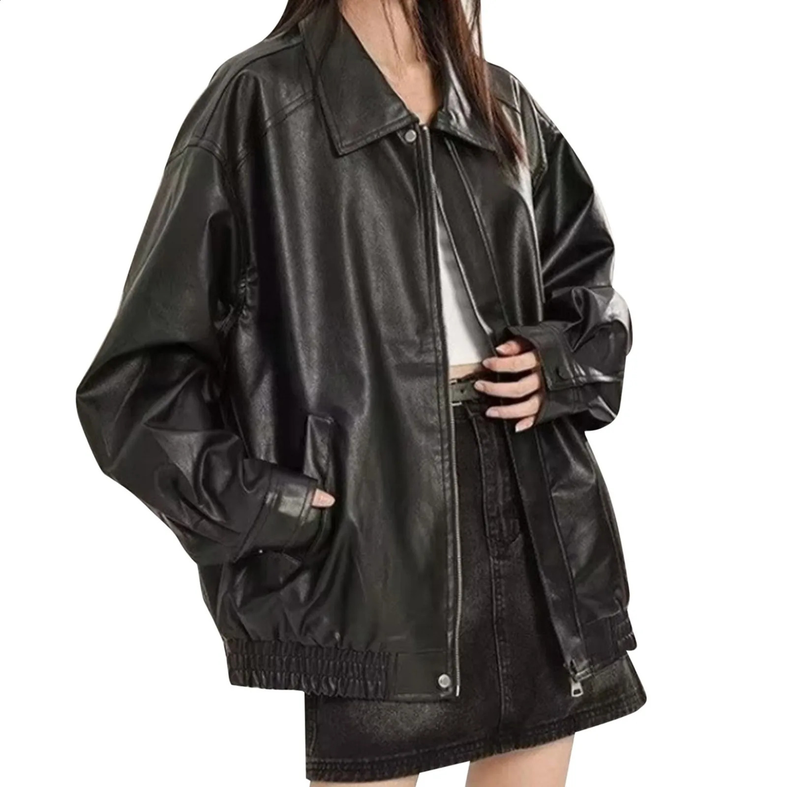 Womens fashionable long sleeved oversized leather jacket retro button and zipper leather jacket solid color street jacket 240827