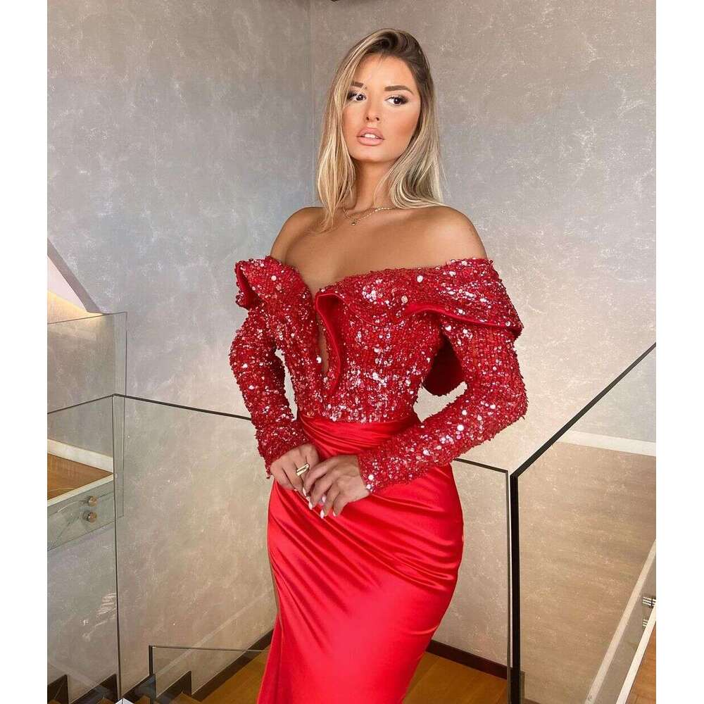 Sequins Sparkly Elegant Mermaid Dresses Long Sleeve Off The Shoulder High Split Women Party Night Gowns Custom Made