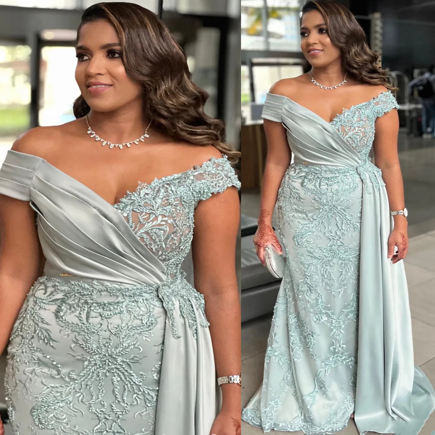 Elegant Mother Of The Bride Dresses Lace Appliques Off Shoulder Mermaid Formal Dress Peplum Aso Ebi Arabic Long Wedding Party Gowns For Women