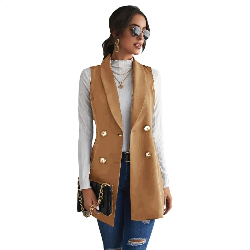 Womens jacket double chest long jacket retro ultra-thin waist jacket womens sleeveless 240828