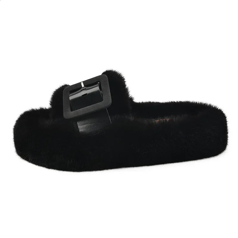 Buckled decorative fluffy fur slippers for women warm open plush slippers for home use winter indoor platform flip slippers 240827