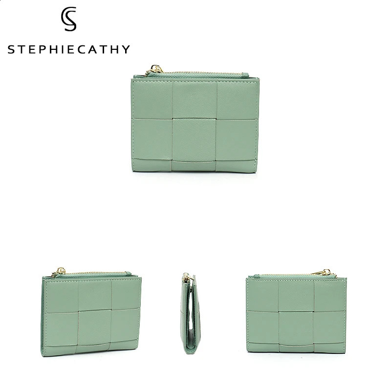 Real Lambskin Leather Woven Short Wallet Women Mini Portable Coin Purses Cash Note Card Multi Pockets 240828