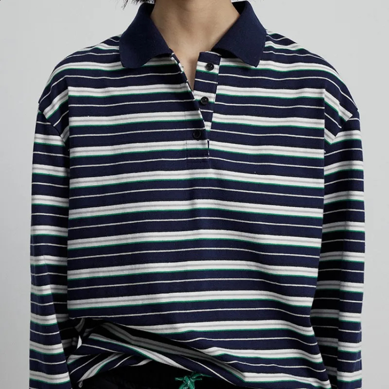 Retro classic contrasting striped floral long sleeved polo shirt 240827