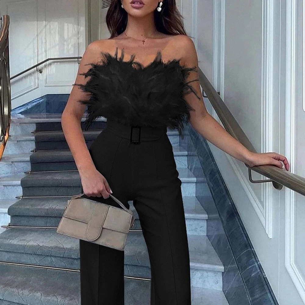 Womens jumpsuit fashionable solid long jumpsuit sexy feather strapless sloping neck evening party jumpsuit elegant womens jumpsuit