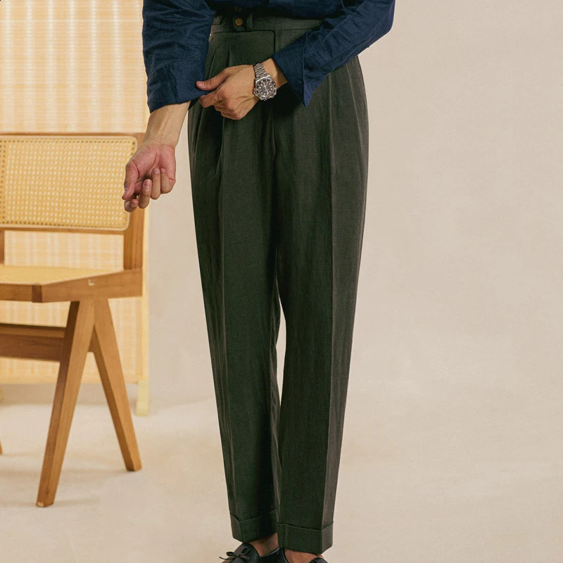 British high waisted linen straight leg pants Naples high waisted suit retro casual pants office pants mens pants 240828