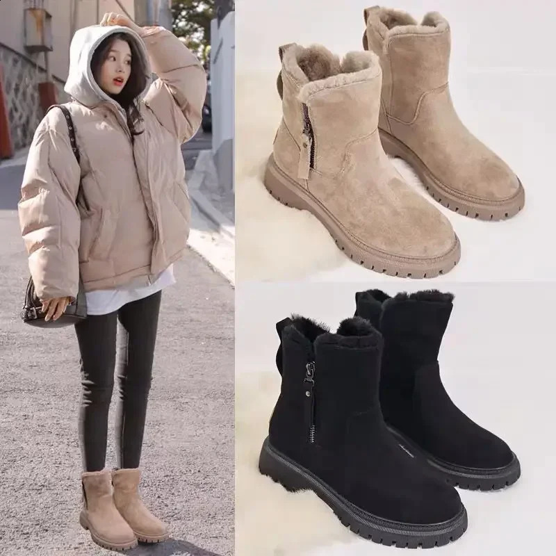 Womens Snow Boots Winter Mid-Tube Plus Velvet Thickened Warm Cotton Shoes Fur Integrated Fashion Platform Female Booties 240828
