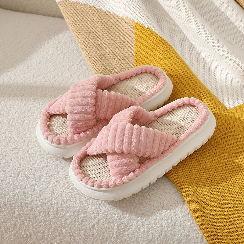 Cozy Chic Plush Platform Slippers - Easy Slip-On, Cross-Strap Design, Solid Color Comfort for Stylish Indoor Use