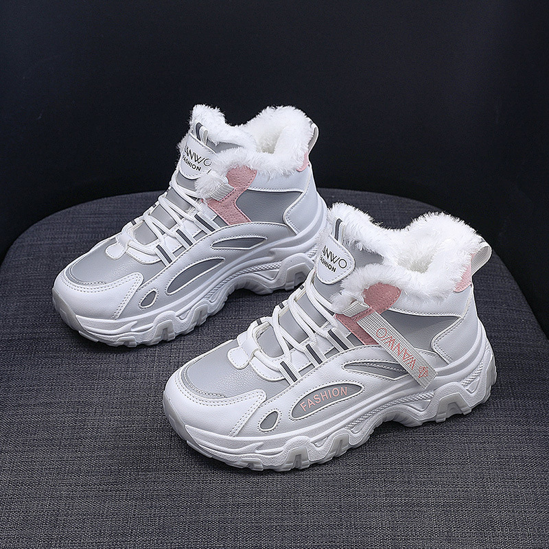 Ddmysports Little White Women S New Black Versatile Leather Panel Autumn And Winter Velvet Flat Igh Top Sports Shoes OUTDOOR