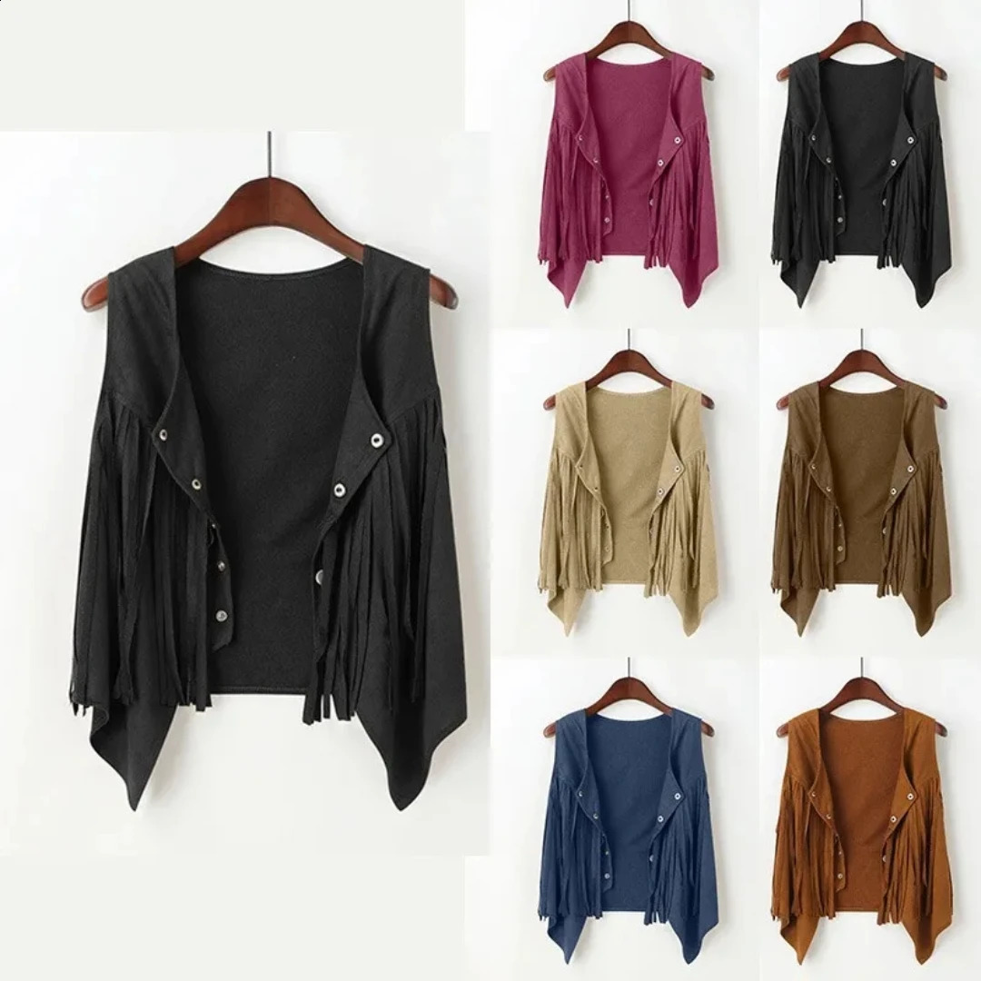 Womens artificial suede ethnic sleeveless jacket with rivet edge Tassel hippie open top 240828