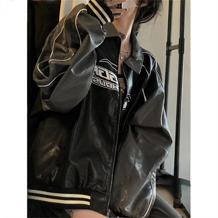 American retro college jacket womens streetwear Grunge zipper bomber Pu leather black couple embroidery jacket 240827